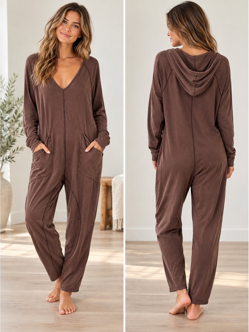 Free People FP Movement Brown Hooded Jumpsuit Women’s Size M Relaxed One Piece